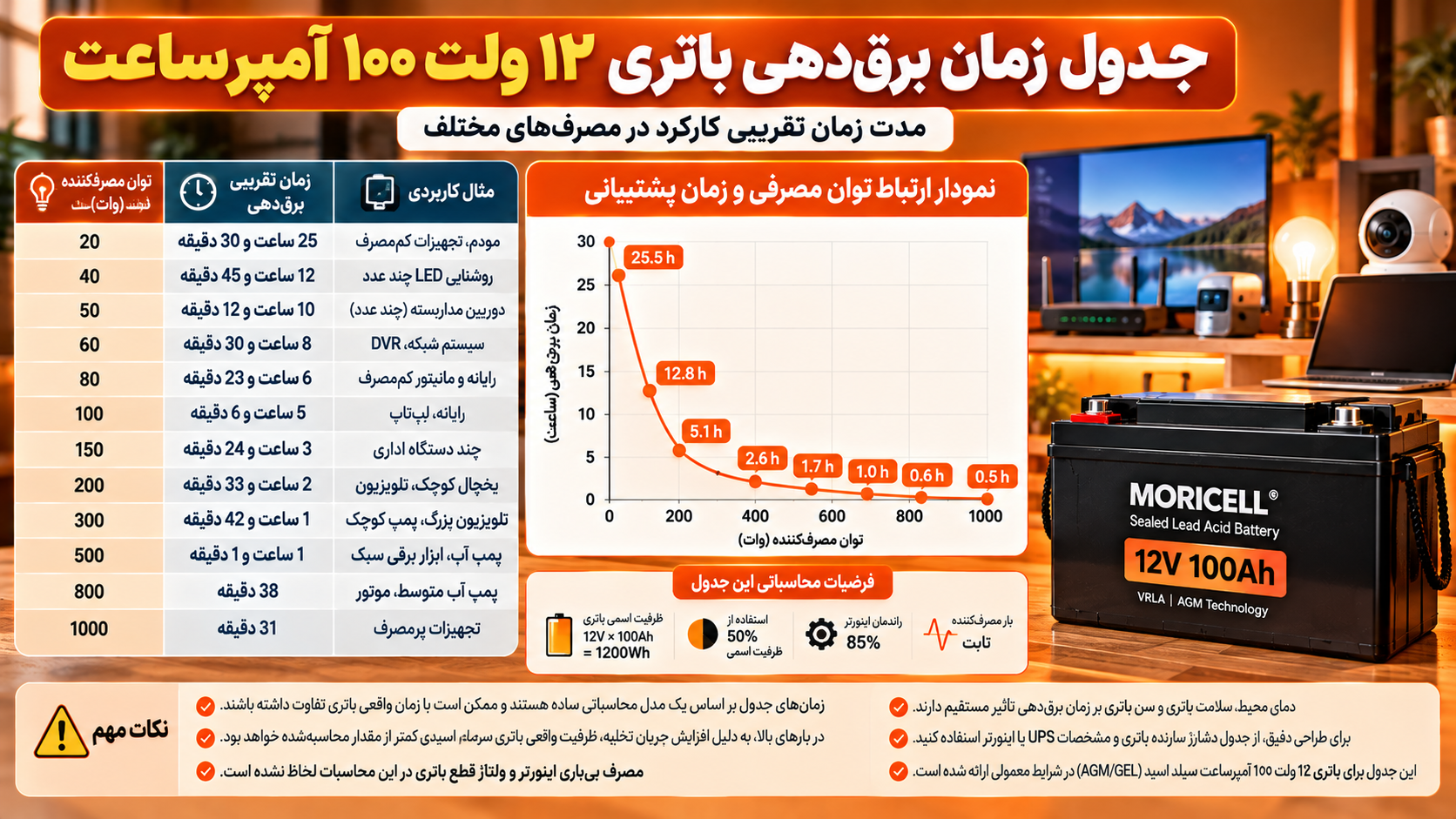 جدول و نمودار محاسبه زمان برقدهی باتری سیلد اسید ۱۲ ولت ۱۰۰ آمپرساعت موریسل برای مصرفکنندههای ۲۰ تا ۱۰۰۰ وات، با فرض راندمان اینورتر ۸۵ درصد و استفاده از ۵۰ درصد انرژی اسمی باتری