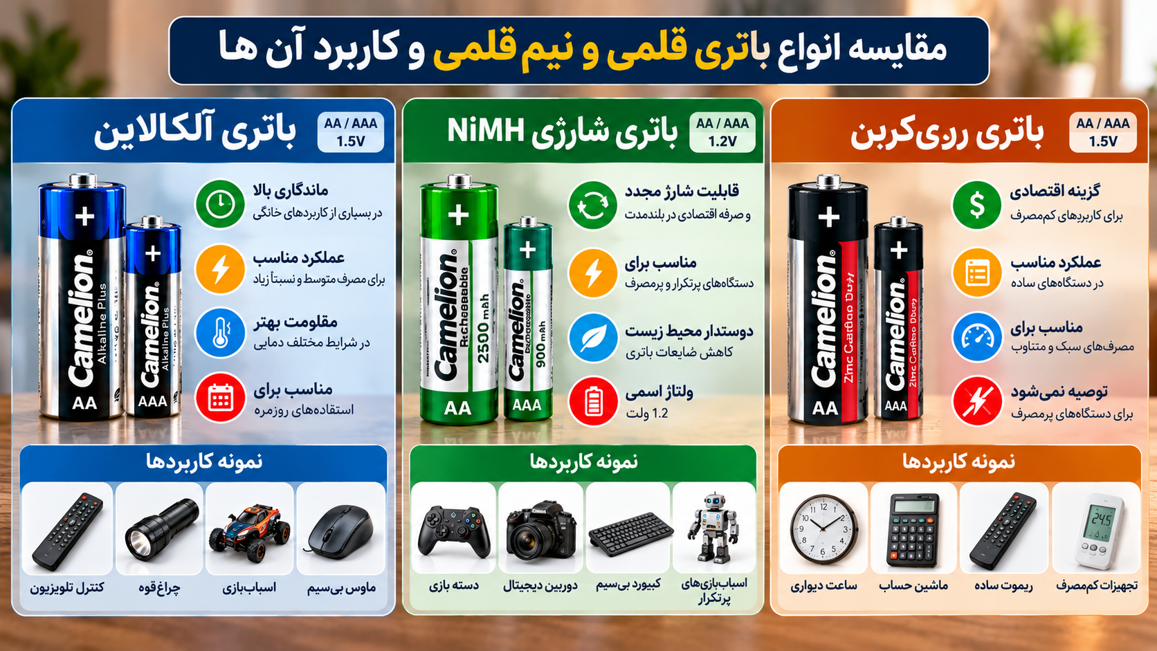 مقایسه باتری قلمی و نیمقلمی آلکالاین، رویکربن و شارژی NiMH کملیون از نظر ولتاژ، ماندگاری، قابلیت شارژ مجدد و کاربرد در دستگاههای خانگی.