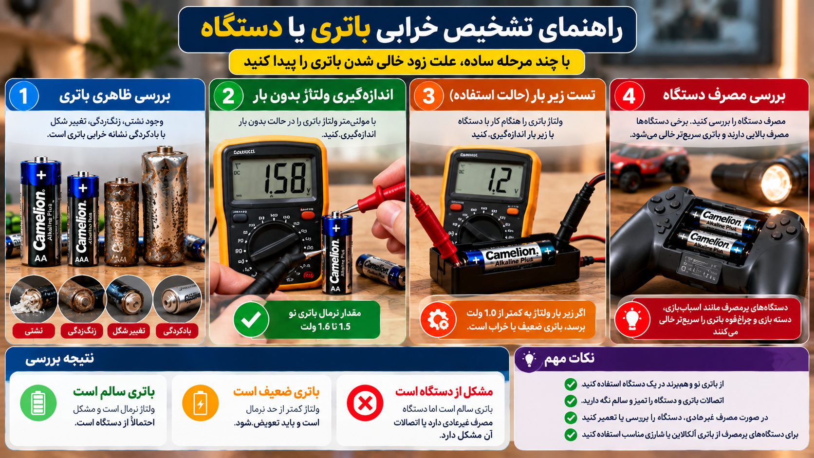 راهنمای تشخیص خرابی باتری قلمی و نیمقلمی AA و AAA با بررسی ظاهر باتری، اندازهگیری ولتاژ با مولتیمتر، تست باتری زیر بار و بررسی مصرف برق دستگاه.