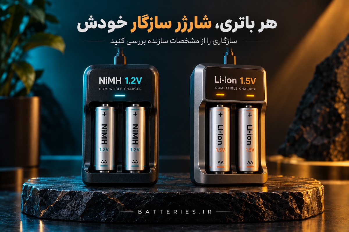نمایش آموزشی باتری قلمی NiMH با ولتاژ ۱٫۲ ولت و لیتیومی شارژی ۱٫۵ ولت در شارژرهای متناسب با فناوری
