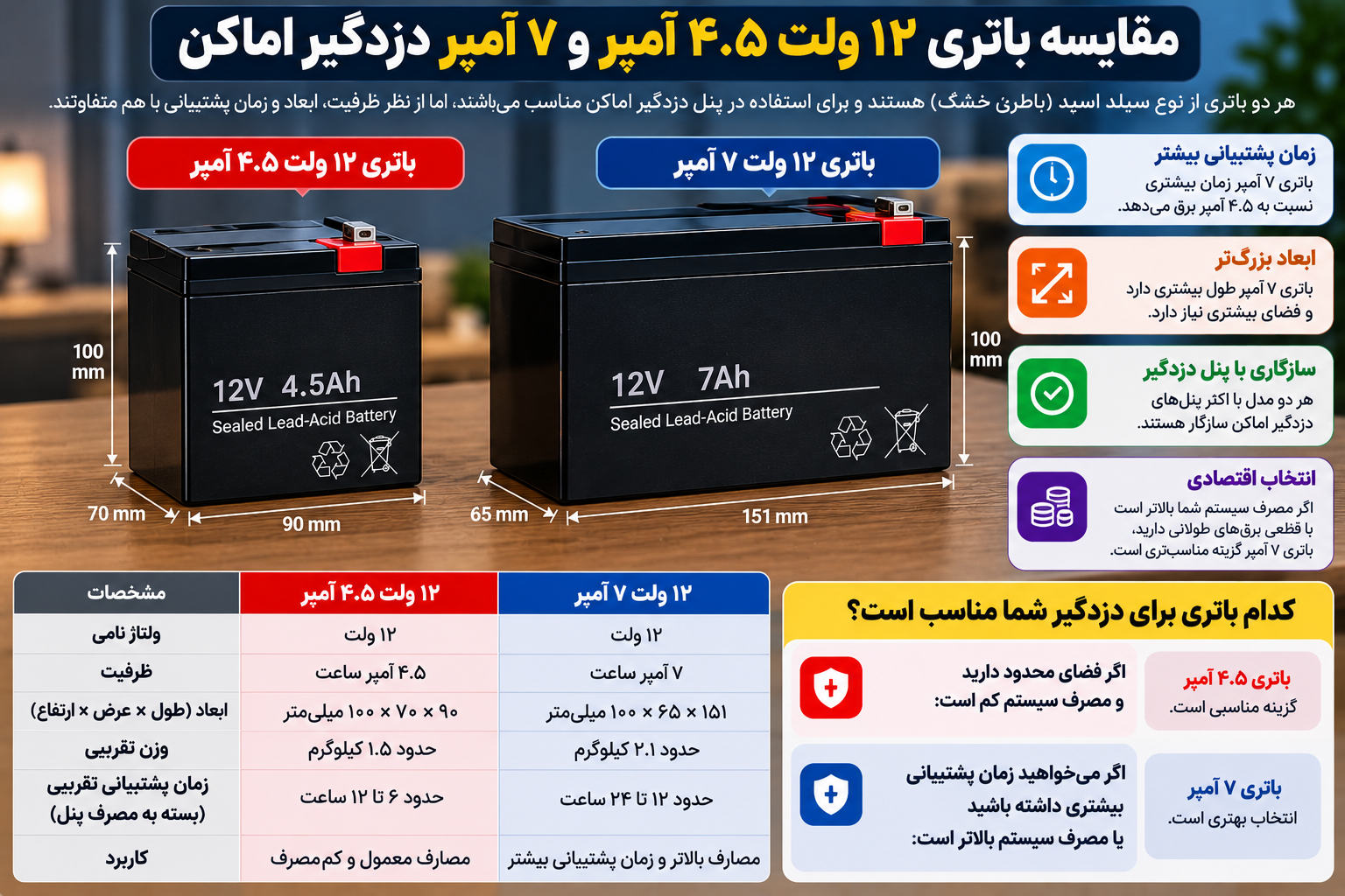مقایسه باتری سیلد اسید ۱۲ ولت ۴٫۵ آمپرساعت و ۷ آمپرساعت دزدگیر اماکن از نظر ظرفیت، ابعاد، زمان پشتیبانی و سازگاری با پنل مرکزی دزدگیر