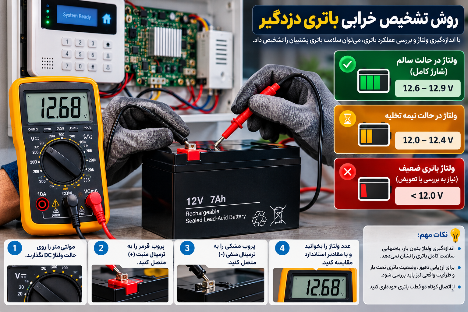 آموزش بررسی ولتاژ باتری پشتیبان ۱۲ ولت دزدگیر اماکن با مولتیمتر و تشخیص اولیه ضعف باتری، همراه با تأکید بر اهمیت آزمون تحت بار