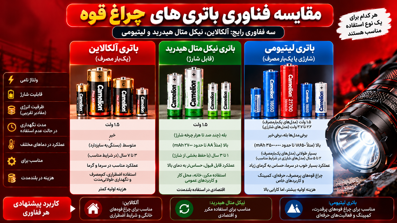 مقایسه باتری‌های آلکالاین، نیکل‌متال هیدرید NiMH و لیتیومی کملیون Camelion برای چراغ قوه، شامل تفاوت ولتاژ، قابلیت شارژ، مدت نگهداری و کاربرد در روشنایی اضطراری و چراغ قوه‌های شارژی