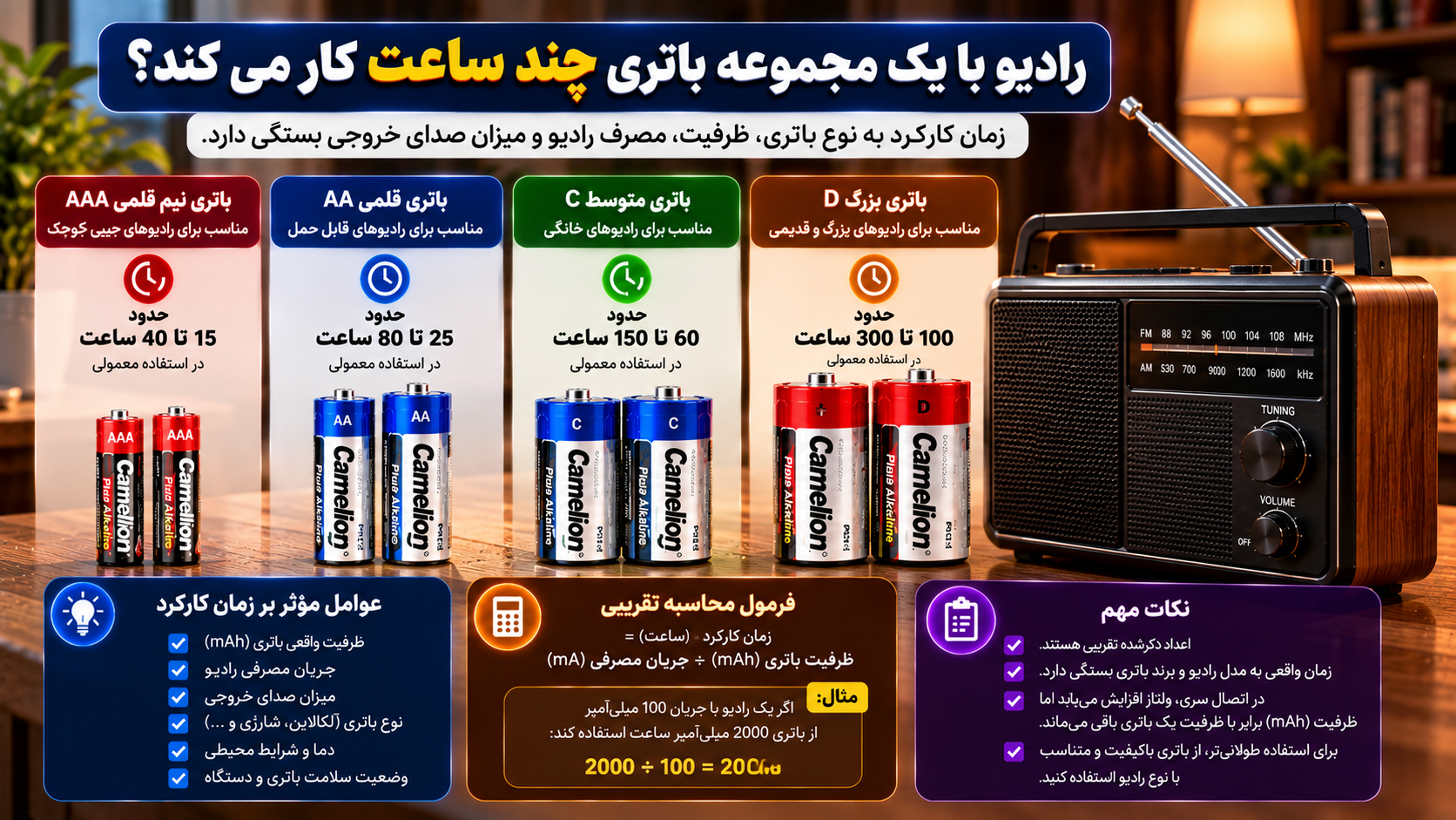 مقایسه مدت کارکرد رادیو با باتریهای کملیون Camelion در اندازههای نیم قلمی AAA، قلمی AA، متوسط C و بزرگ D به همراه فرمول محاسبه زمان کارکرد باتری بر اساس ظرفیت و جریان مصرفی رادیو