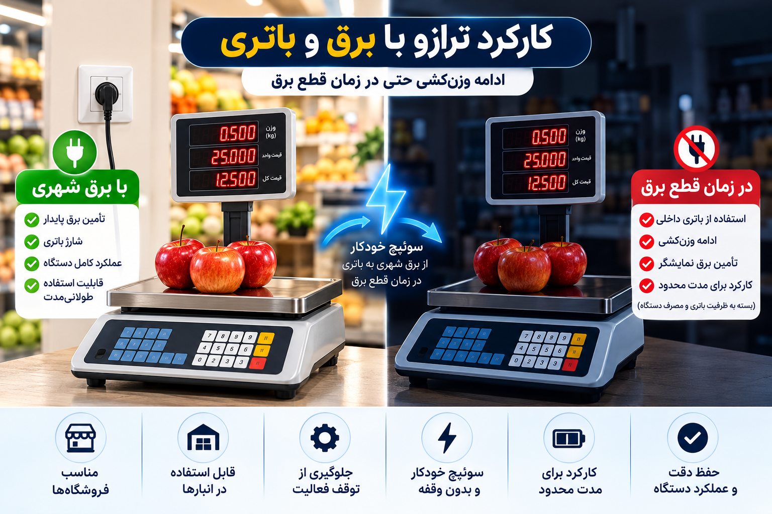 نحوه عملکرد باتری UPS ترازو دیجیتال هنگام قطع برق شهری و ادامه وزنکشی با استفاده از باتری پشتیبان داخلی در ترازوهای فروشگاهی