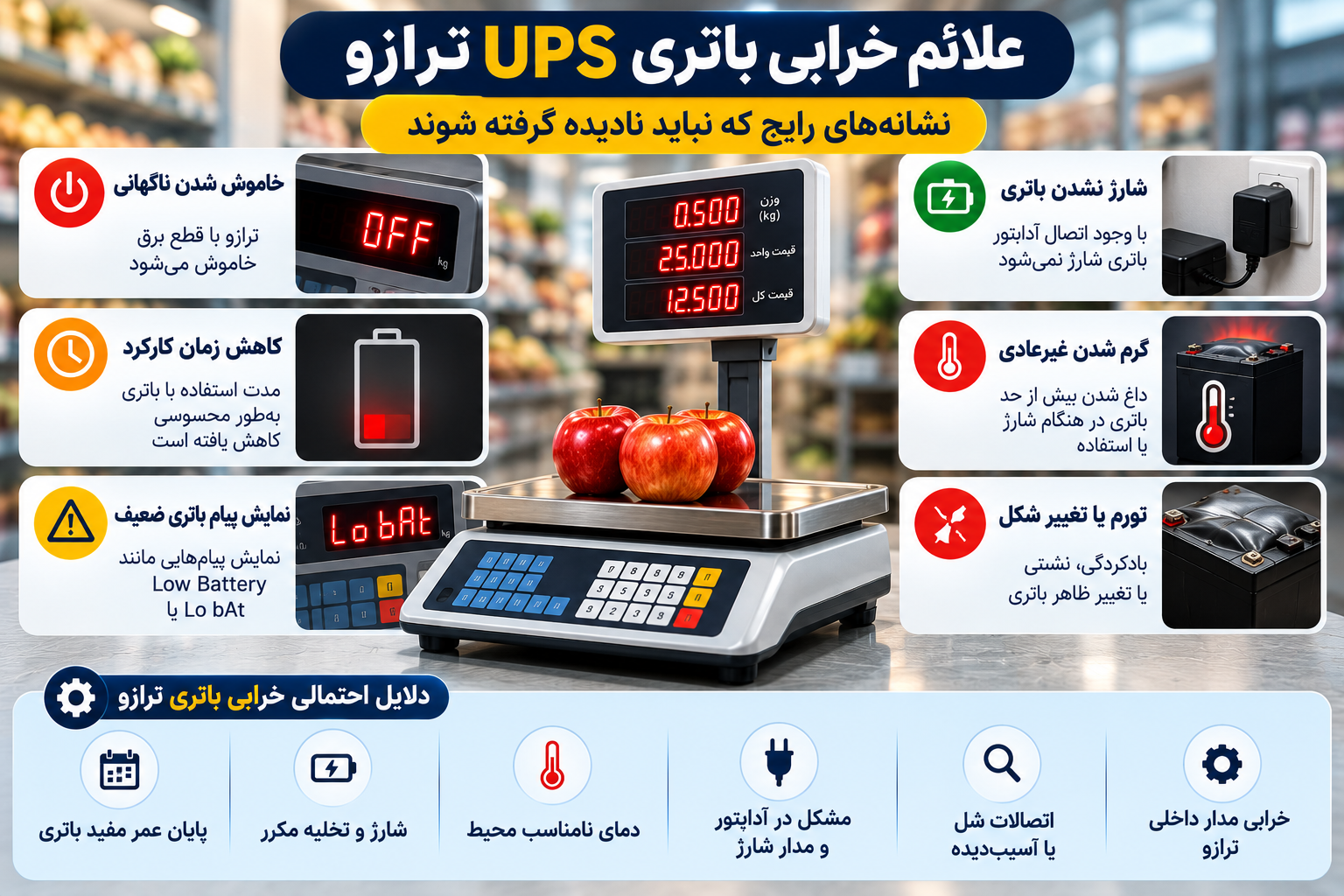 علائم خرابی باتری UPS ترازو دیجیتال شامل خاموش شدن هنگام قطع برق، کاهش زمان کارکرد، هشدار باتری ضعیف، شارژ نشدن، داغ شدن و تورم باتری