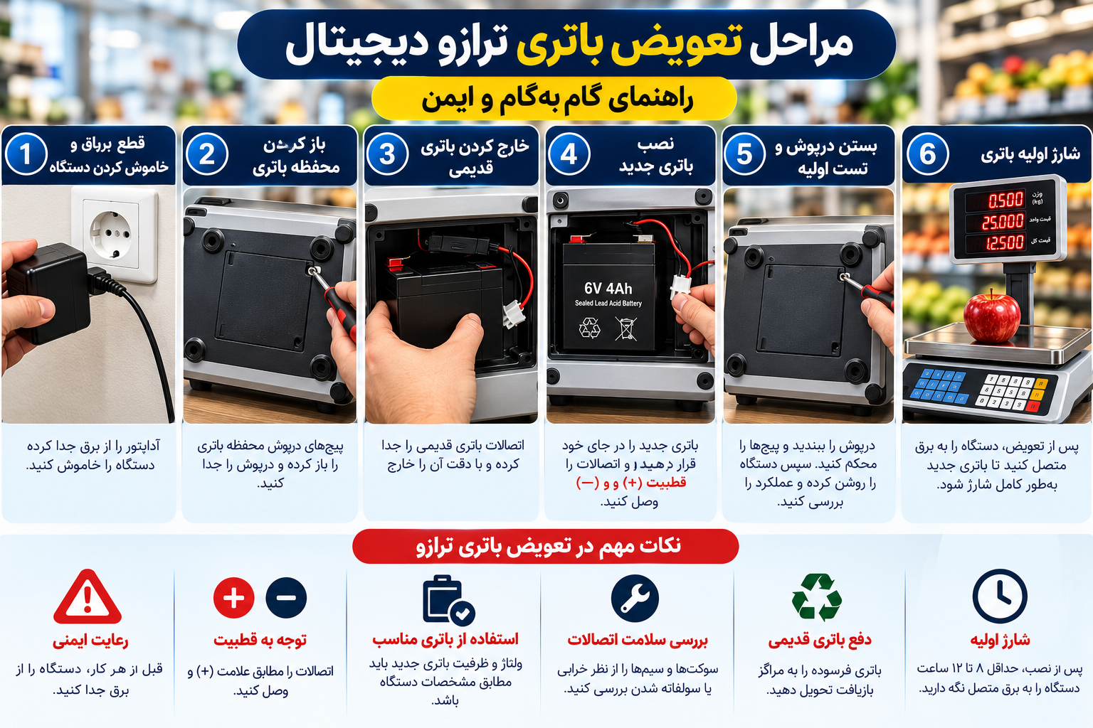 آموزش تصویری مراحل تعویض باتری UPS ترازو دیجیتال شامل قطع برق، باز کردن محفظه، خارج کردن باتری قدیمی، نصب باتری جدید با رعایت قطبیت و آزمایش عملکرد دستگاه