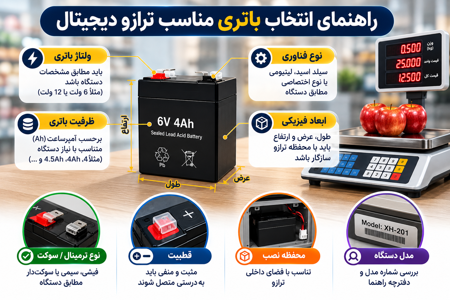 راهنمای انتخاب باتری UPS ترازو دیجیتال با بررسی باتری سیلد اسید ۶ ولت ۴ آمپرساعت، ظرفیت، ابعاد، نوع ترمینال، قطبیت و سازگاری با مدل ترازو