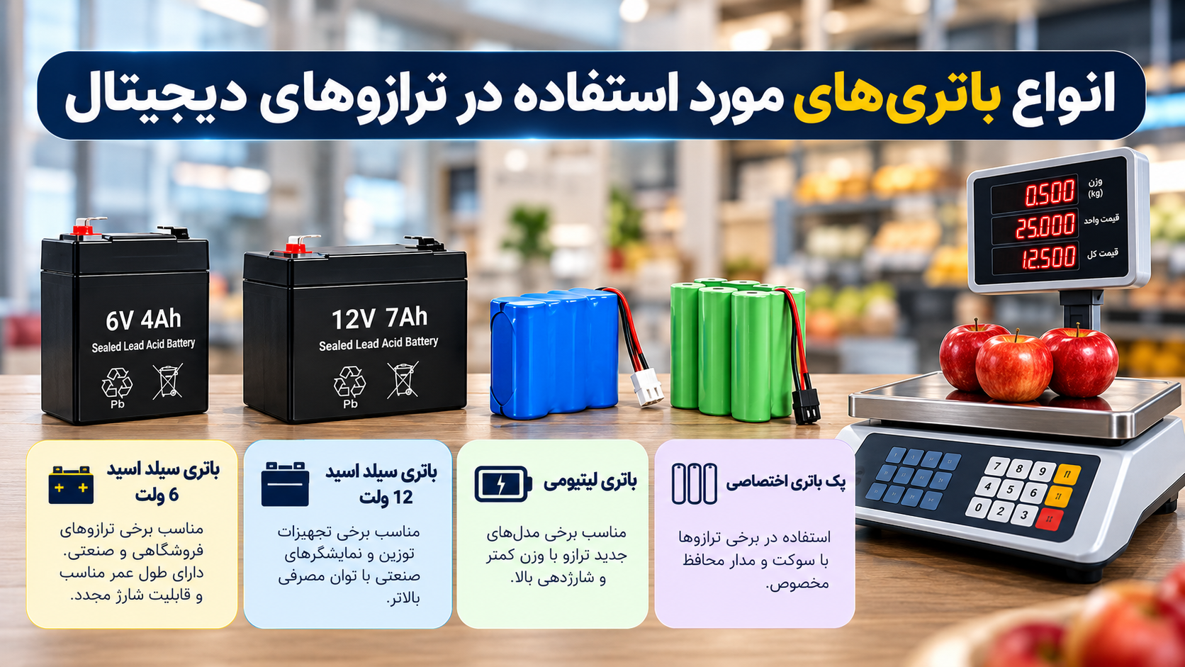 انواع باتری مورد استفاده در ترازوهای دیجیتال فروشگاهی و صنعتی شامل باتری سیلد اسید ۶ و ۱۲ ولت، باتری لیتیومی و پک باتری شارژی اختصاصی