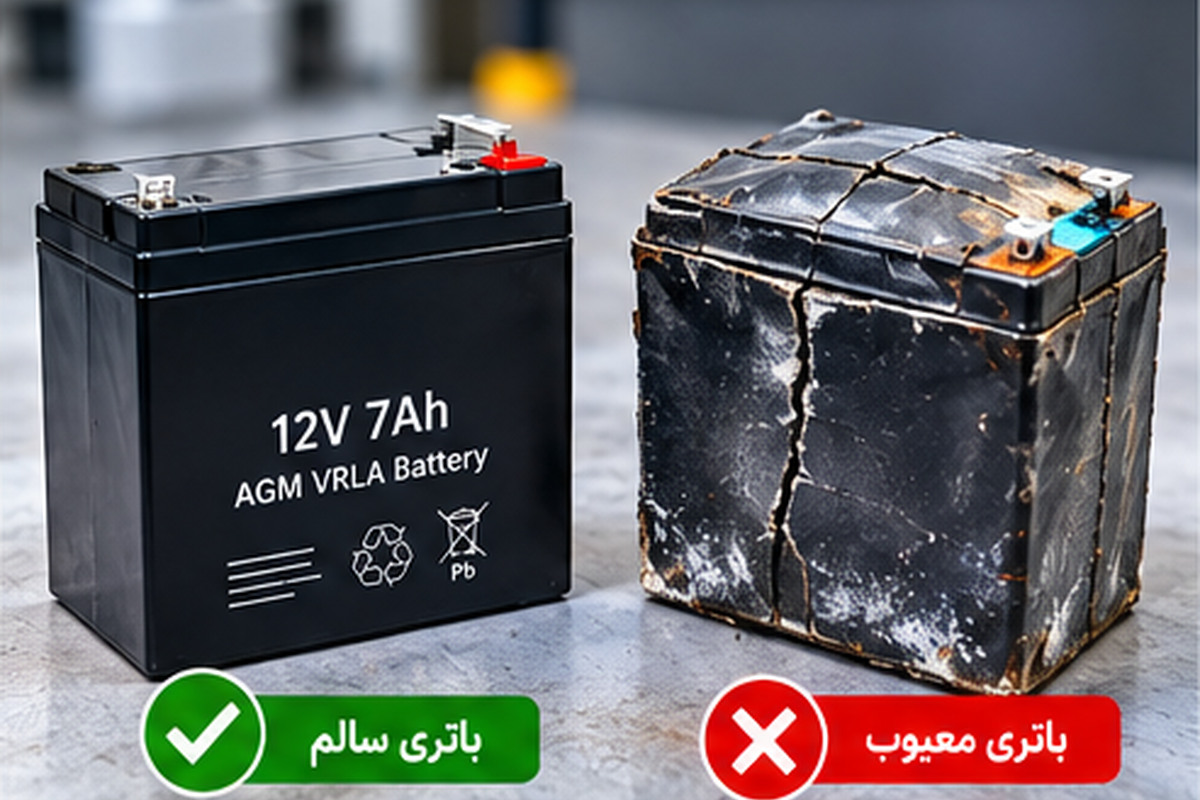 مقایسه باتری سیلد اسید سالم با باتری معیوب و بادکرده در سیستم بلک اوت آسانسور