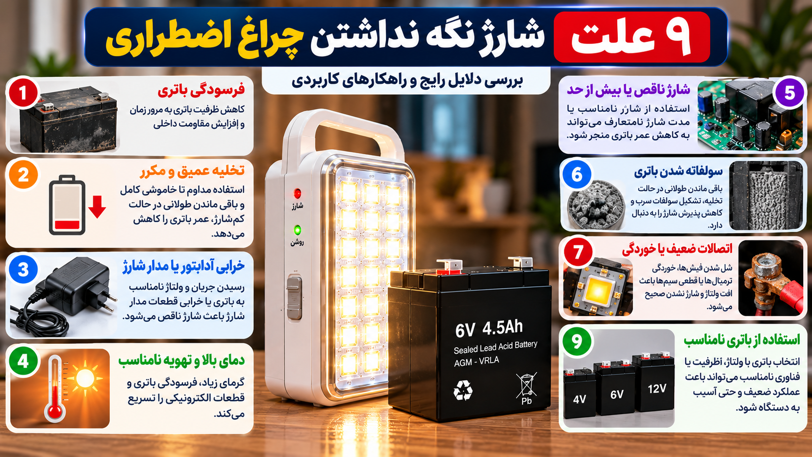 ۹ علت شارژ نگه نداشتن چراغ اضطراری شامل فرسودگی باتری، تخلیه عمیق، خرابی شارژر، گرمای زیاد، سولفاته شدن، اتصالات ضعیف و انتخاب باتری نامناسب