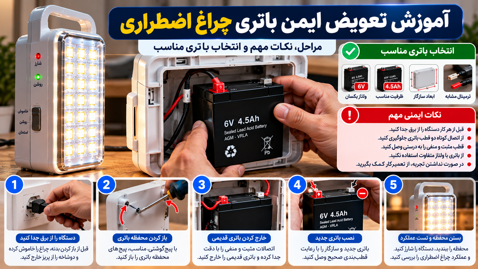 آموزش تعویض ایمن باتری چراغ اضطراری ۶ ولت ۴.۵ آمپرساعت شامل قطع برق، باز کردن محفظه، خارج کردن باتری قدیمی، نصب باتری جدید و تست عملکرد چراغ شارژی