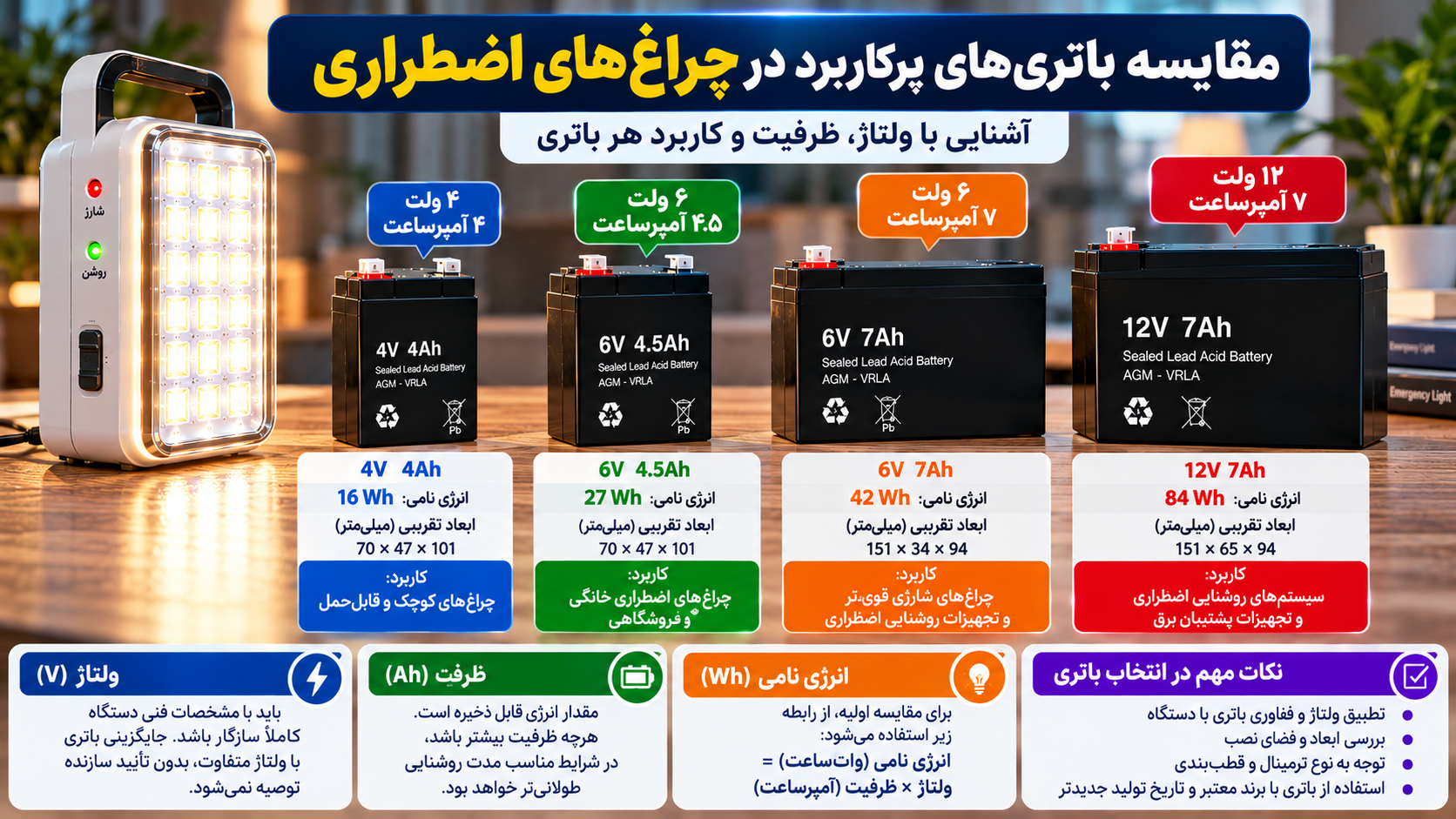 مقایسه باتریهای چراغ اضطراری ۴، ۶ و ۱۲ ولت با ظرفیتهای ۴، ۴.۵ و ۷ آمپرساعت، بررسی انرژی نامی، ابعاد و نکات انتخاب باتری مناسب چراغ شارژی