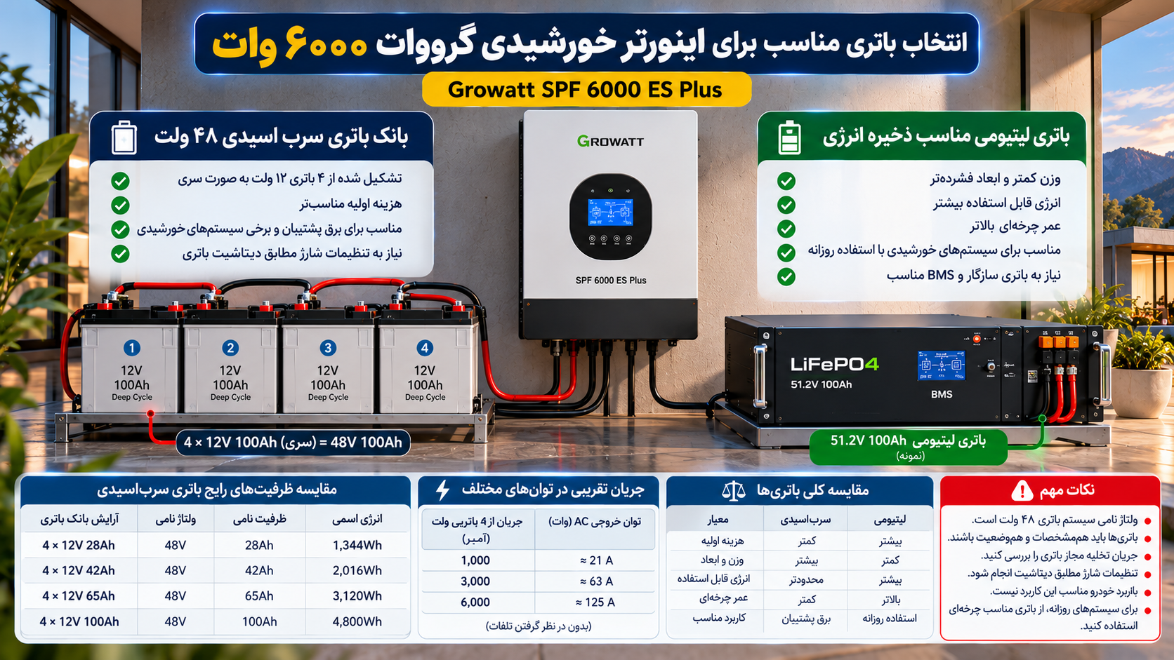 مقایسه باتری سرب اسیدی و لیتیومی LiFePO4 برای اینورتر خورشیدی گرووات Growatt SPF 6000 ES Plus، شامل بانک ۴۸ ولت با چهار باتری ۱۲ ولت، ظرفیتهای ۲۸، ۴۲، ۶۵ و ۱۰۰ آمپرساعت و نکات انتخاب باتری مناسب.