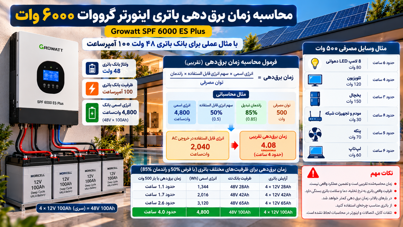 اینفوگرافیک محاسبه زمان برقدهی اینورتر خورشیدی گرووات Growatt SPF 6000 ES Plus با چهار باتری ۱۲ ولت ۱۰۰ آمپرساعت در اتصال سری، بانک باتری ۴۸ ولت، بار مصرفی ۵۰۰ وات و زمان پشتیبانی محاسباتی حدود ۴ ساعت.