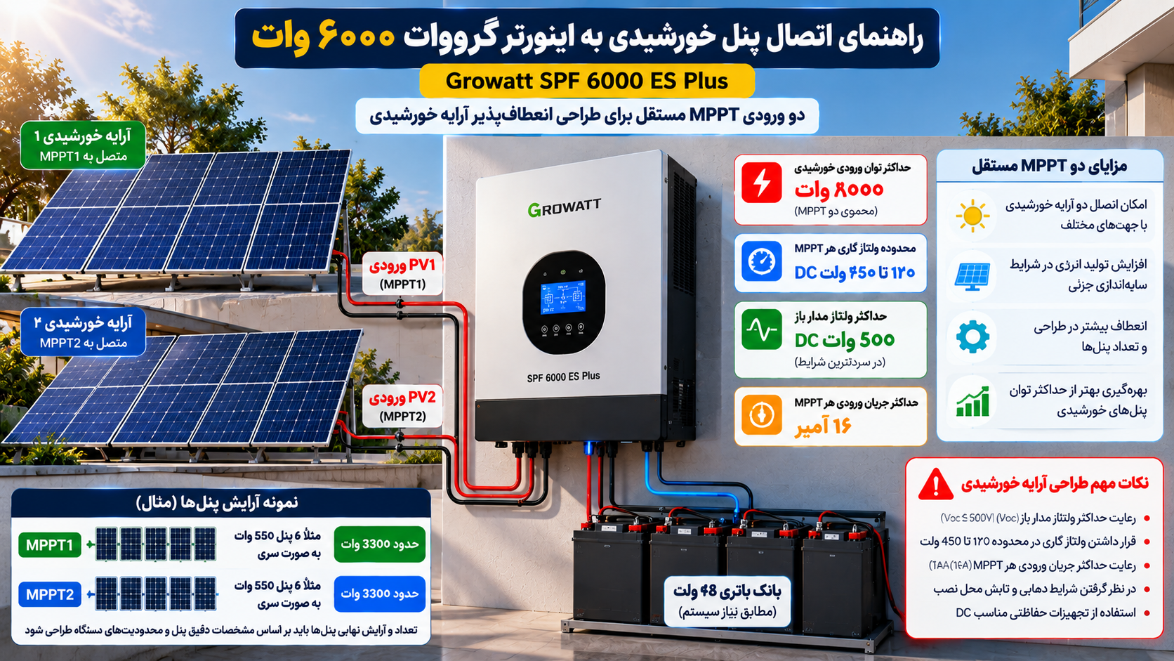 راهنمای اتصال پنلهای خورشیدی به دو ورودی مستقل MPPT اینورتر گرووات Growatt SPF 6000 ES Plus با توان ۶۰۰۰ وات، نمایش آرایههای خورشیدی، محدوده ولتاژ کاری ۱۲۰ تا ۴۵۰ ولت و بانک باتری ۴۸ ولت.