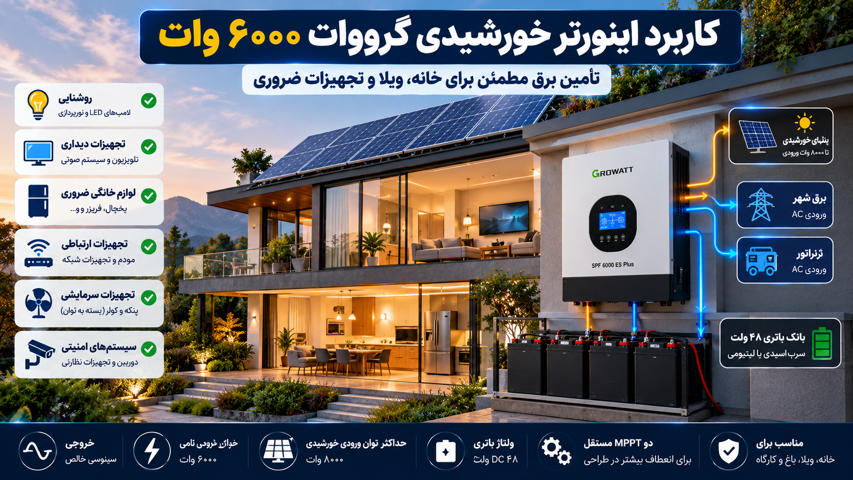 کاربرد اینورتر خورشیدی گرووات Growatt SPF 6000 ES Plus با توان ۶۰۰۰ وات در خانه و ویلا، همراه با پنل خورشیدی، بانک باتری ۴۸ ولت و تأمین برق تجهیزات ضروری مانند روشنایی، یخچال، تلویزیون و سیستمهای امنیتی.