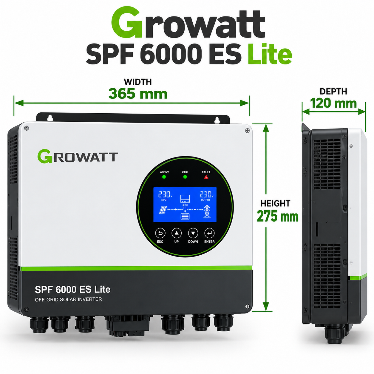 تصویر ابعاد اینورتر خورشیدی آفگرید ۶۰۰۰ وات گرووات مدل Growatt SPF 6000 ES Lite با نمایش عرض ۳۶۵، ارتفاع ۲۷۵ و عمق ۱۲۰ میلیمتر