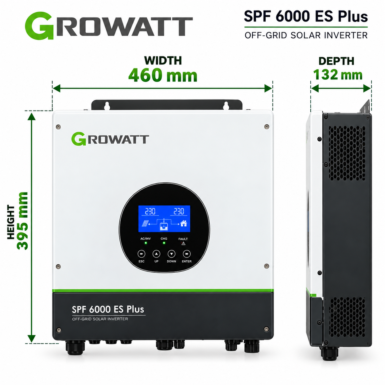 ابعاد اینورتر خورشیدی آفگرید ۶۰۰۰ وات گرووات مدل Growatt SPF 6000 ES Plus با عرض ۴۶۰، ارتفاع ۳۹۵ و عمق ۱۳۲ میلیمتر.