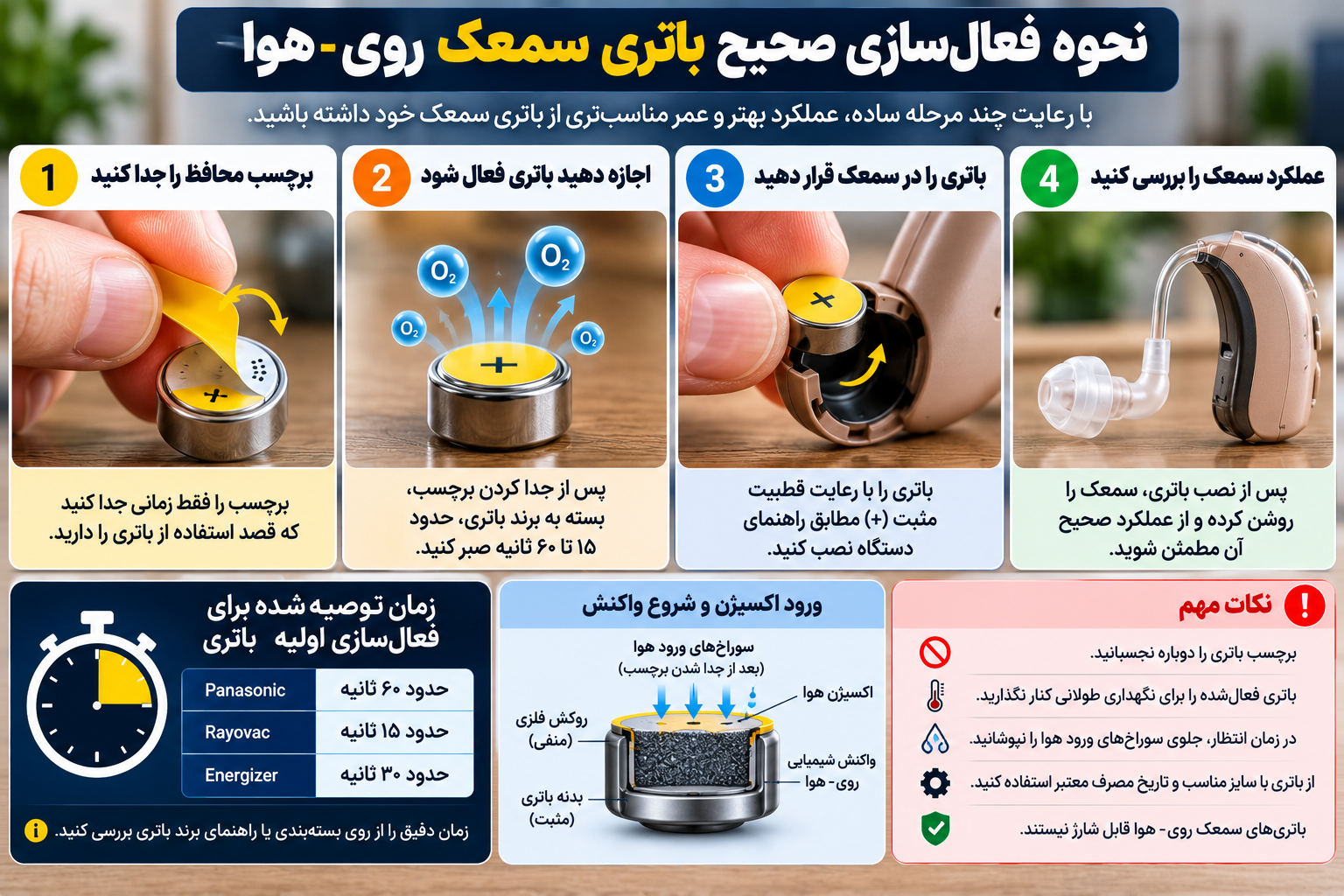آموزش فعالسازی باتری سمعک روی هوا با جدا کردن برچسب محافظ، رعایت زمان انتظار برای ورود اکسیژن و نصب صحیح باتری در محفظه سمعک