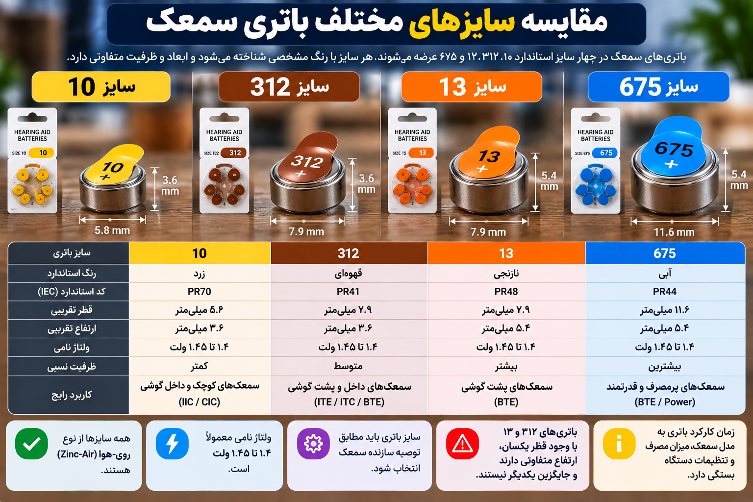 مقایسه باتری سمعک سایز ۱۰ زرد، ۳۱۲ قهوهای، ۱۳ نارنجی و ۶۷۵ آبی از نظر ابعاد، کد استاندارد، ظرفیت نسبی و انتخاب باتری مناسب برای انواع سمعک