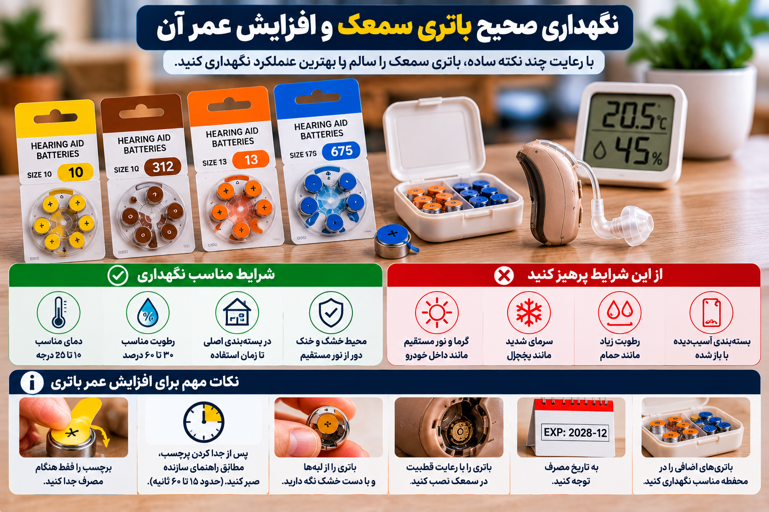 راهنمای نگهداری صحیح باتری سمعک روی هوا سایزهای ۱۰، ۳۱۲، ۱۳ و ۶۷۵ شامل محافظت در برابر گرما و رطوبت، نگهداری در بستهبندی اصلی، بررسی تاریخ مصرف و فعالسازی صحیح باتری