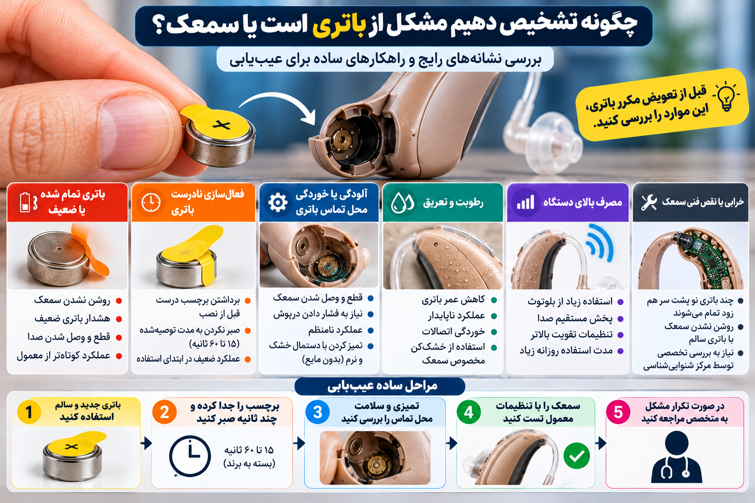 راهنمای عیبیابی باتری سمعک و تشخیص تفاوت خرابی باتری با مشکل دستگاه، شامل بررسی فعالسازی باتری روی هوا، آلودگی اتصالات، رطوبت و مصرف غیرعادی سمعک