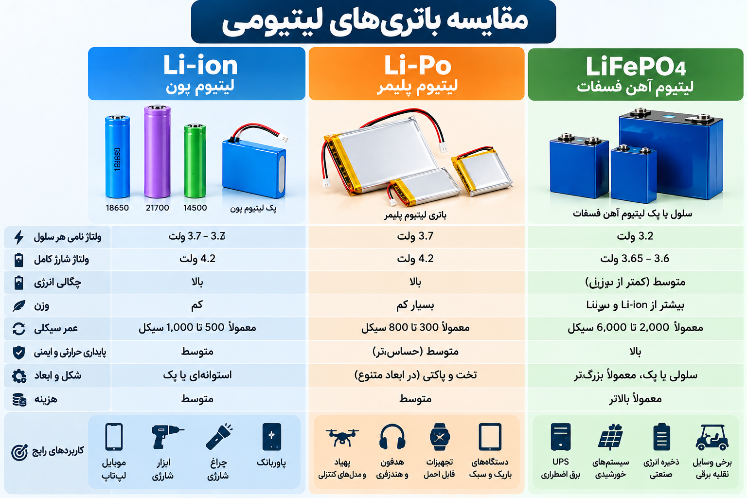 مقایسه باتری لیتیوم یون Li-ion، لیتیوم پلیمر Li-Po و LiFePO4 از نظر ولتاژ، طول عمر و کاربرد