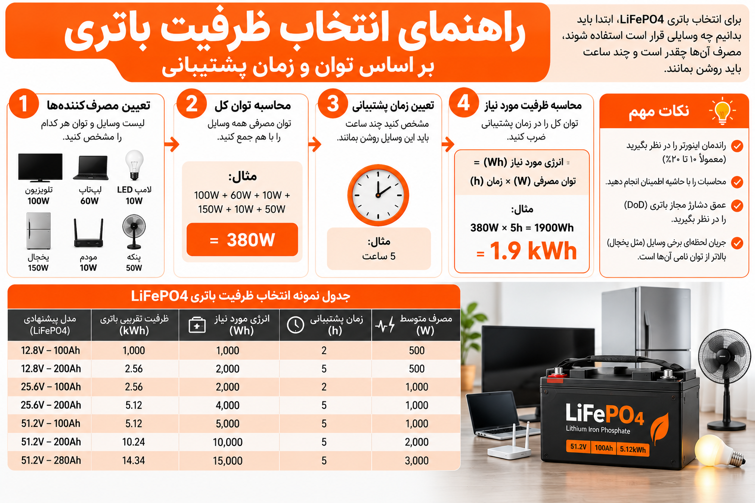 راهنمای انتخاب ظرفیت باتری LiFePO4 بر اساس توان مصرفی و زمان پشتیبانی