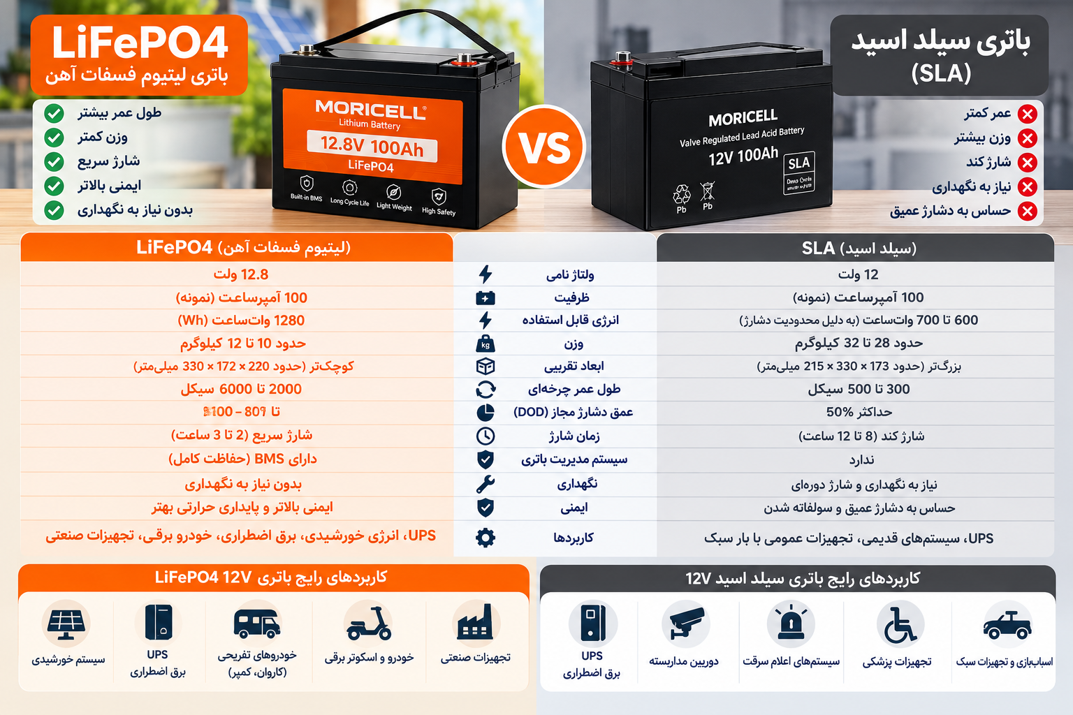مقایسه باتری LiFePO4 و سیلد اسید از نظر وزن، طول عمر، چرخه شارژ و BMS