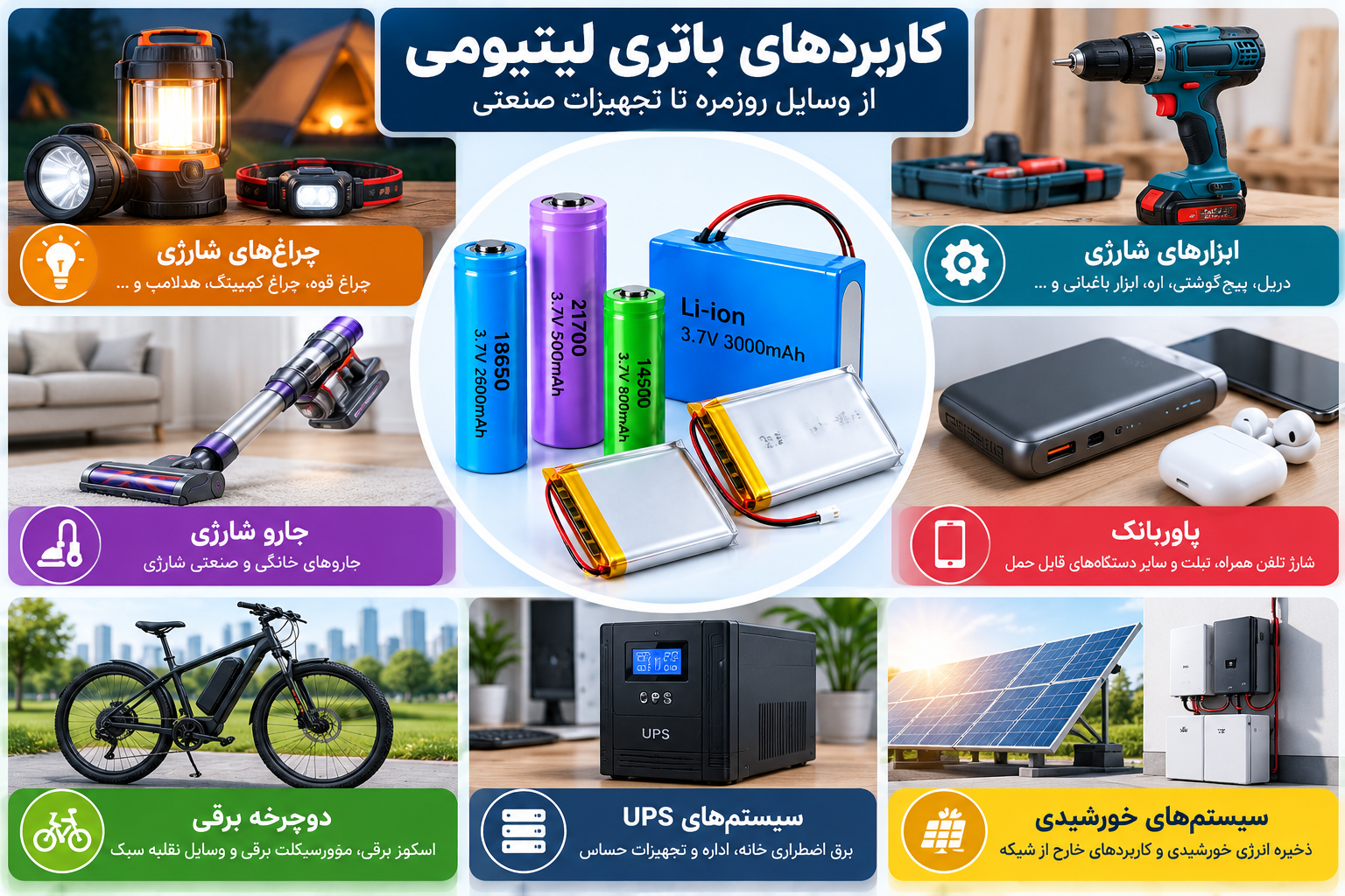 کاربردهای باتری لیتیومی در چراغ شارژی، دریل، جارو شارژی، پاوربانک، دوچرخه برقی، UPS و سیستم خورشیدی