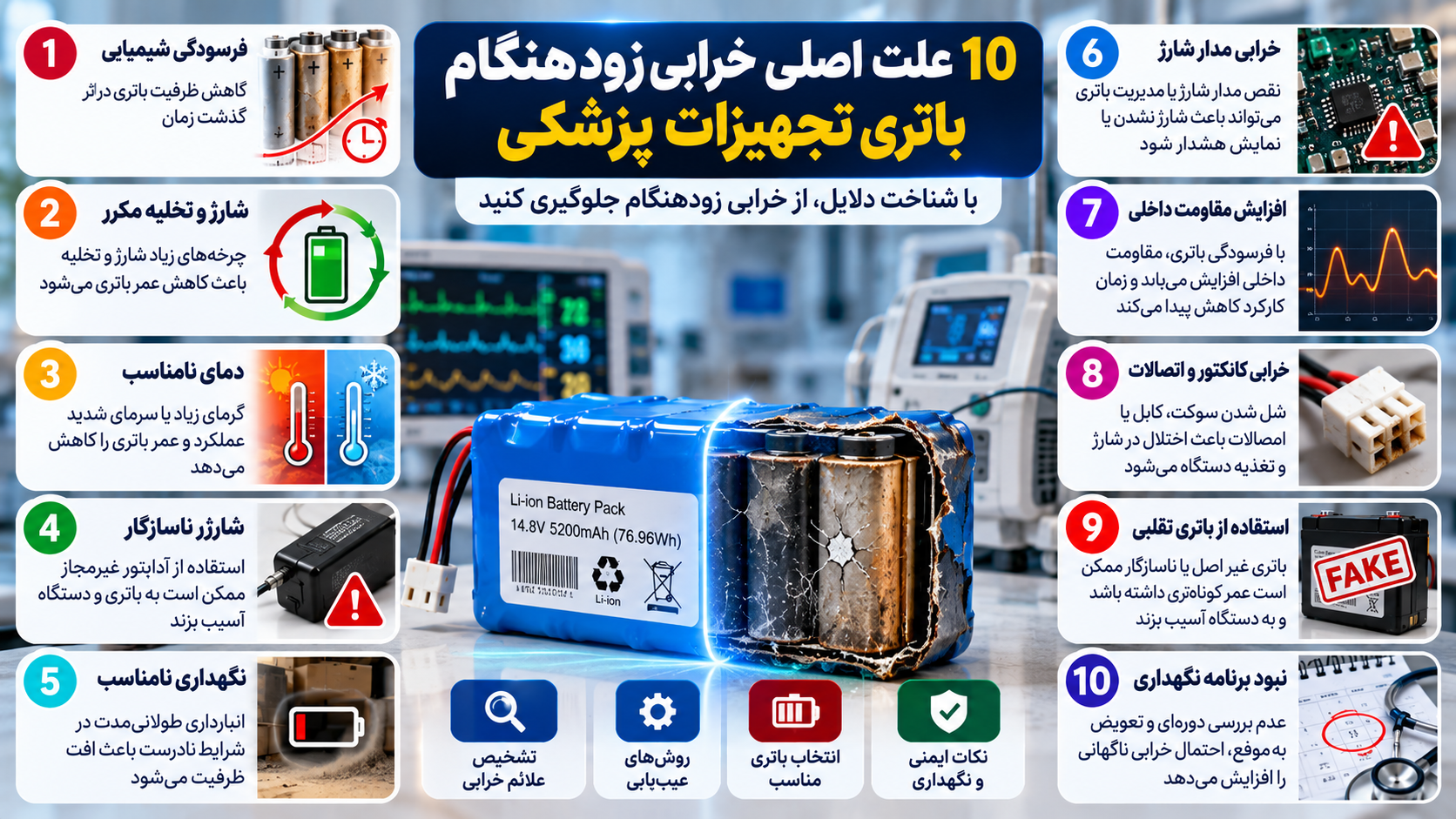 اینفوگرافیک ۱۰ علت خرابی زودهنگام باتری تجهیزات پزشکی شامل فرسودگی شیمیایی، شارژ نامناسب، دمای شدید، خرابی مدار شارژ، افزایش مقاومت داخلی، اتصالات معیوب و باتری تقلبی