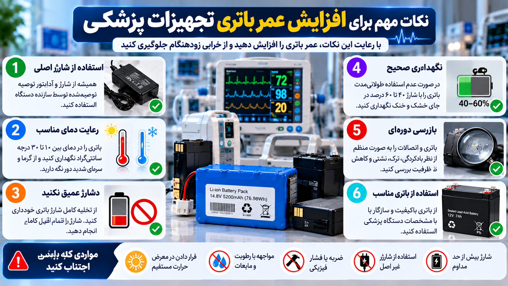 اینفوگرافیک ۶ راهکار افزایش عمر باتری تجهیزات پزشکی شامل استفاده از شارژر مجاز، کنترل دما، جلوگیری از تخلیه عمیق، نگهداری صحیح، بازرسی دورهای و انتخاب باتری سازگار