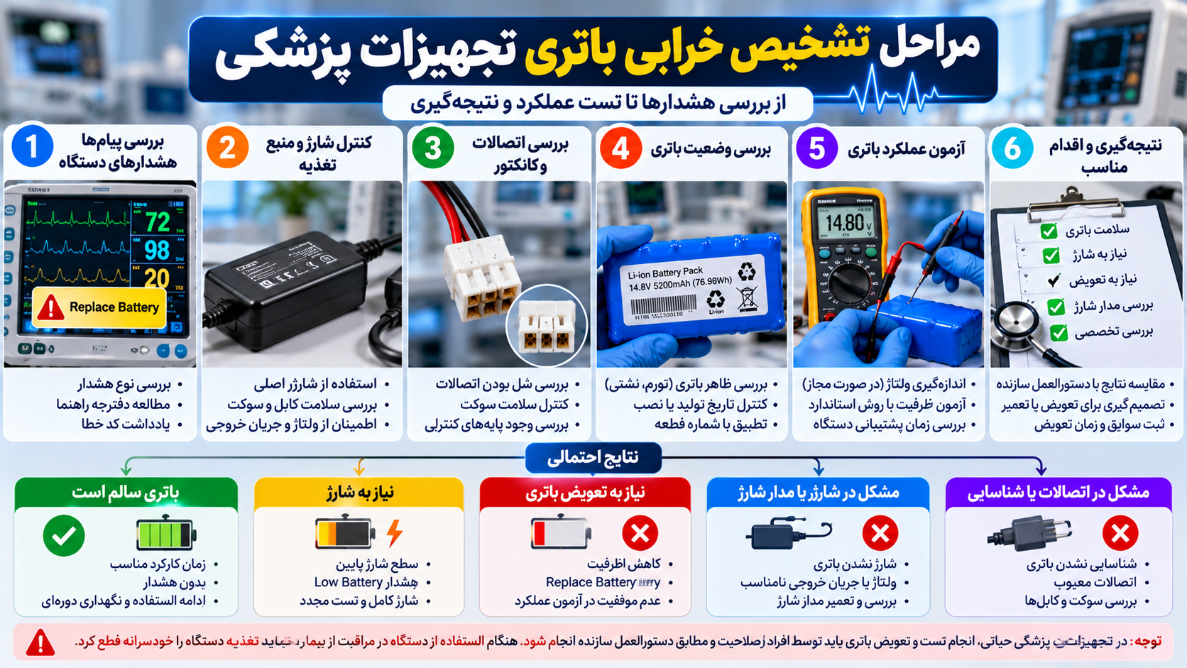 مراحل تشخیص خرابی باتری تجهیزات پزشکی شامل بررسی هشدار دستگاه، کنترل شارژر، اتصالات، وضعیت ظاهری باتری، آزمون عملکرد و تشخیص نیاز به تعویض