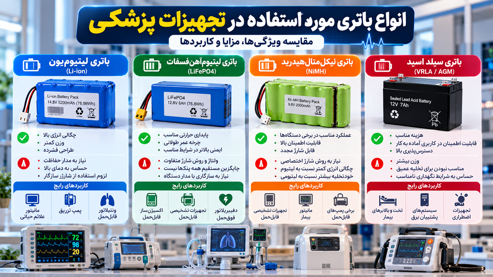 مقایسه انواع باتری تجهیزات پزشکی شامل لیتیومیون Li-ion، لیتیومآهنفسفات LiFePO4، نیکلمتالهیدرید NiMH و سیلد اسید AGM از نظر ویژگیها، مزایا، محدودیتها و کاربردها