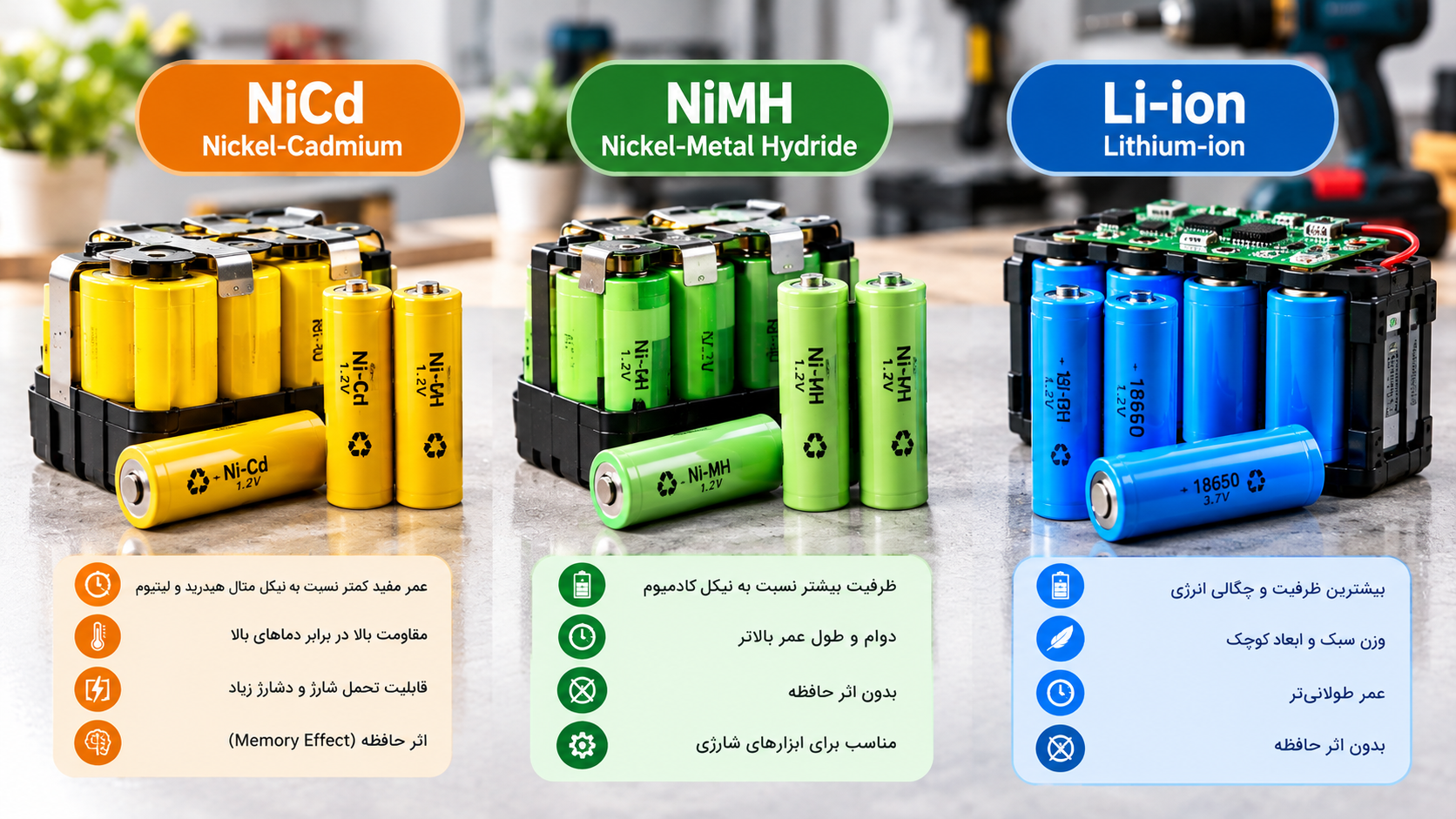 مقایسه سلول‌های نیکل کادمیوم NiCd، نیکل متال هیدرید NiMH و لیتیوم یون Li-ion برای باتری ابزار شارژی