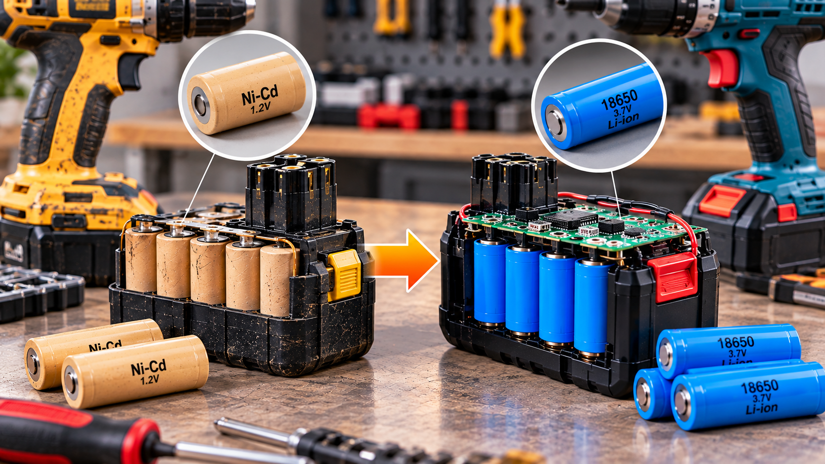 مقایسه پک باتری نیکل کادمیوم NiCd با پک باتری لیتیوم یون Li-ion و سلول‌های ۱۸۶۵۰ برای ارتقای باتری دریل شارژی
