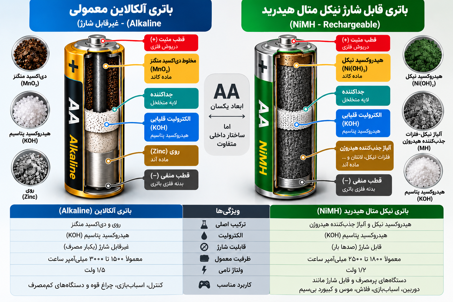 مقایسه ساختار داخلی باتری قلمی شارژی NiMH و باتری آلکالاین AA