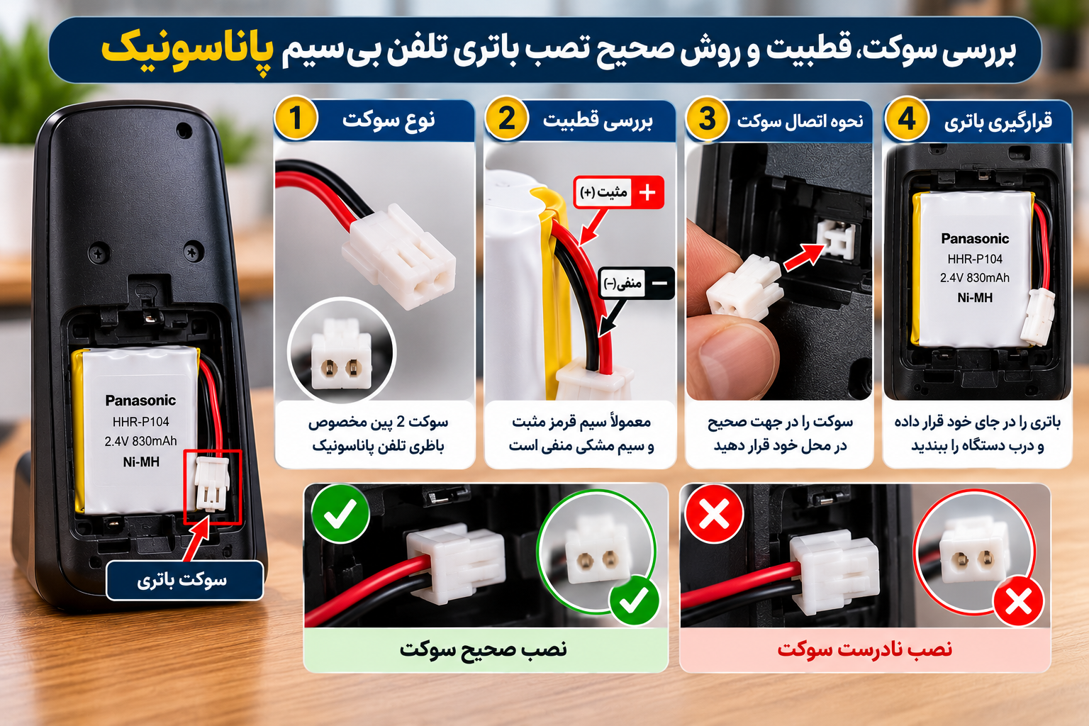 آموزش بررسی سوکت دو پین، تشخیص قطب مثبت و منفی و روش صحیح اتصال و نصب باتری تلفن بیسیم پاناسونیک