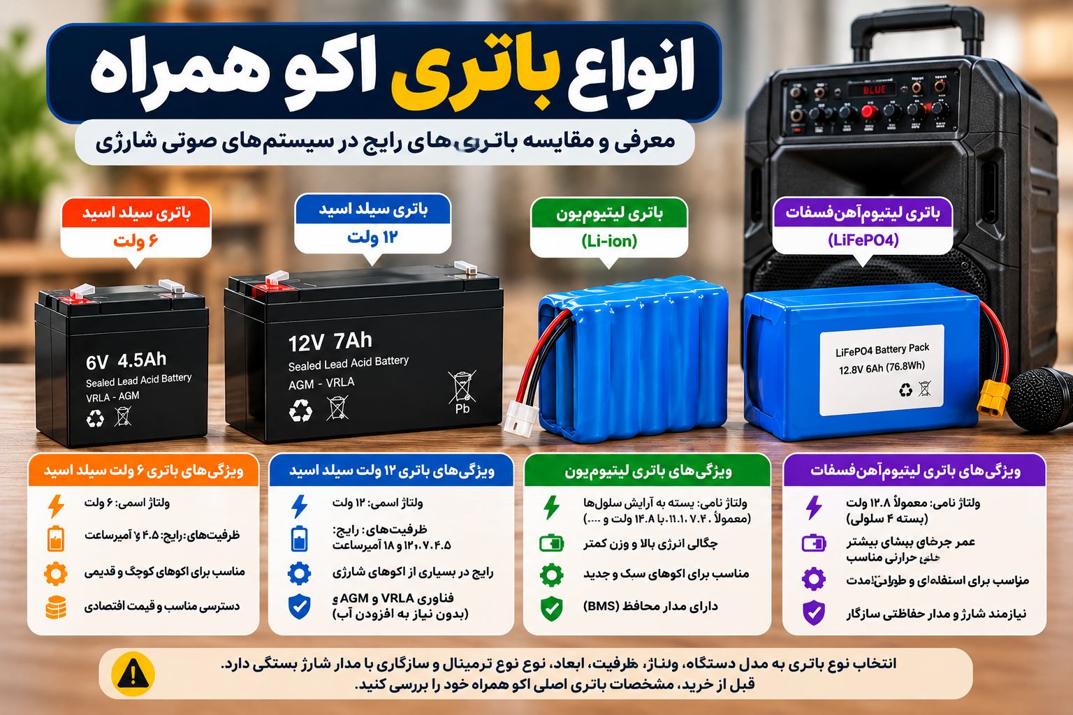 مقایسه انواع باتری اکو همراه شامل باتری سیلد اسید ۶ ولت، سیلد اسید ۱۲ ولت، پک لیتیومیون و باتری لیتیومآهنفسفات در کنار دستگاه اکو شارژی