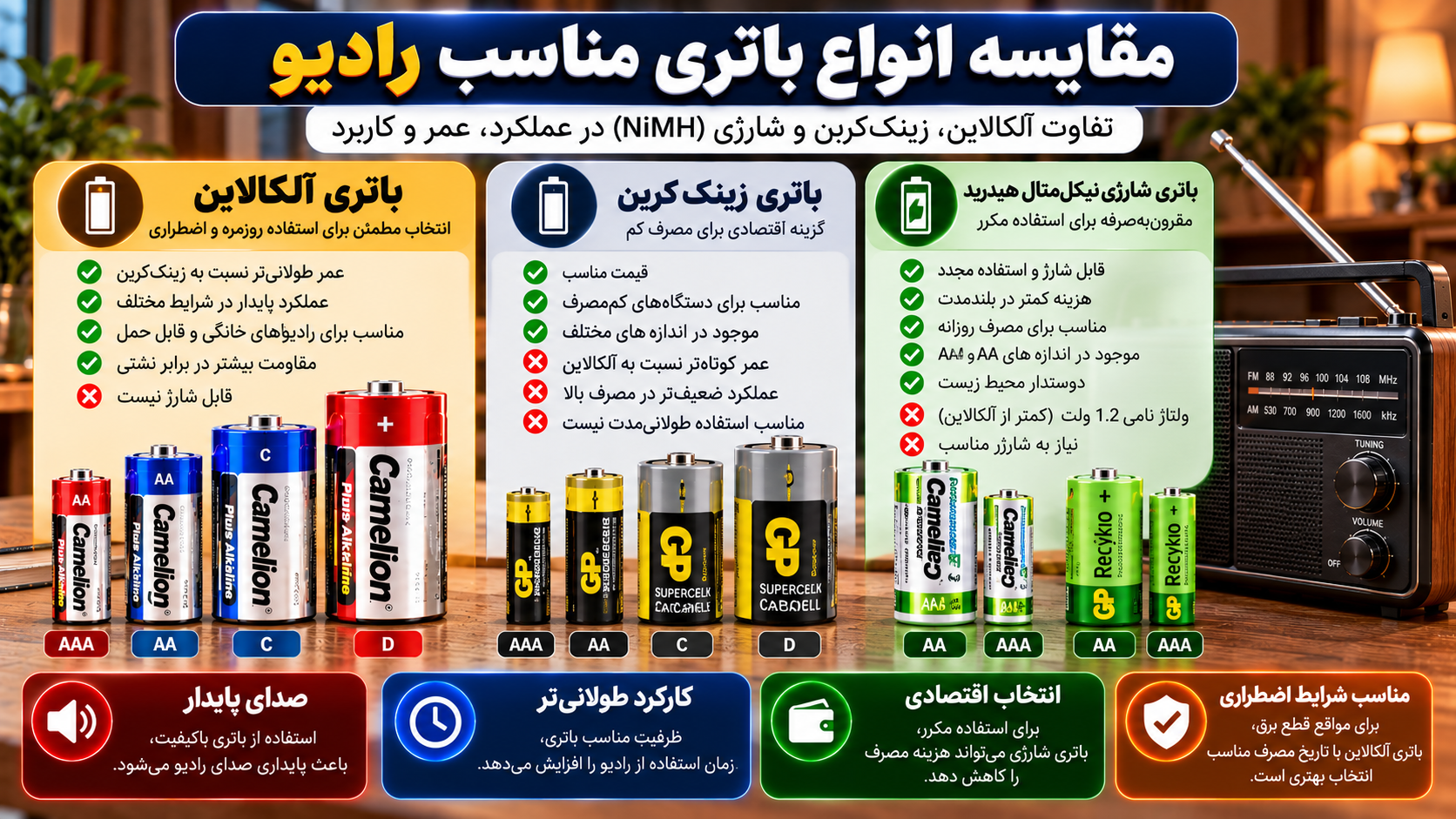 مقایسه باتری آلکالاین، زینک کربن و شارژی NiMH برندهای کملیون و GP برای رادیو، بررسی تفاوت عملکرد، مدت کارکرد و انتخاب باتری مناسب رادیوهای خانگی و قابل حمل