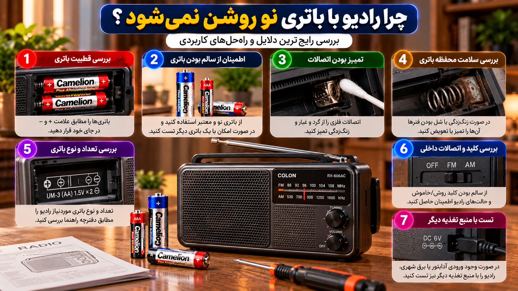 آموزش عیبیابی روشن نشدن رادیو با باتری نو، بررسی قطب مثبت و منفی باتری کملیون، سلامت باتری، اتصالات محفظه، کلید روشن و خاموش و منبع تغذیه رادیو