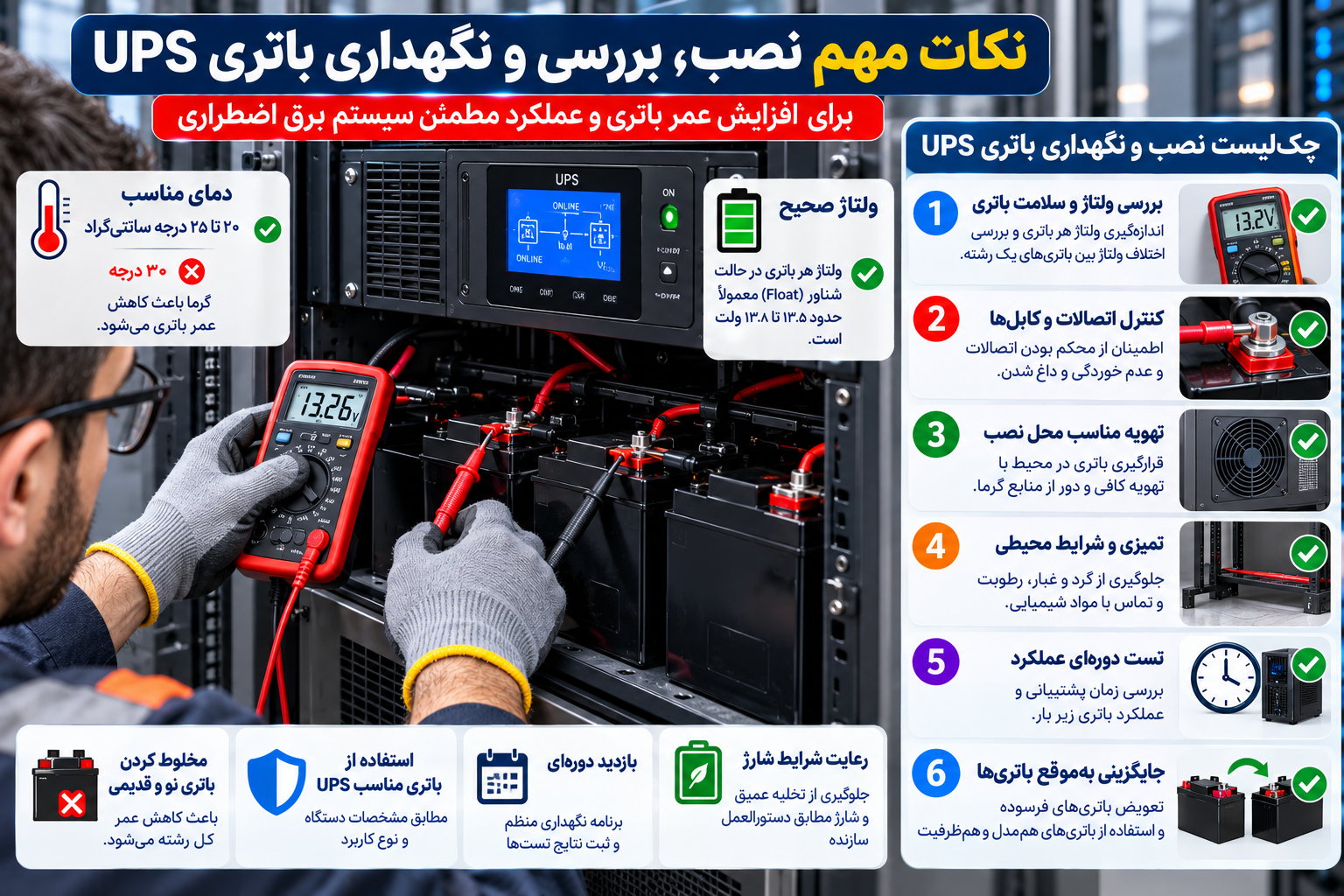 راهنمای تخصصی نصب و نگهداری باتری UPS شامل بررسی ولتاژ با مولتیمتر، کنترل اتصالات و کابلها، تهویه مناسب، دمای محیط، تست دورهای سلامت باتری و تعویض اصولی باتریهای سیلد اسید.