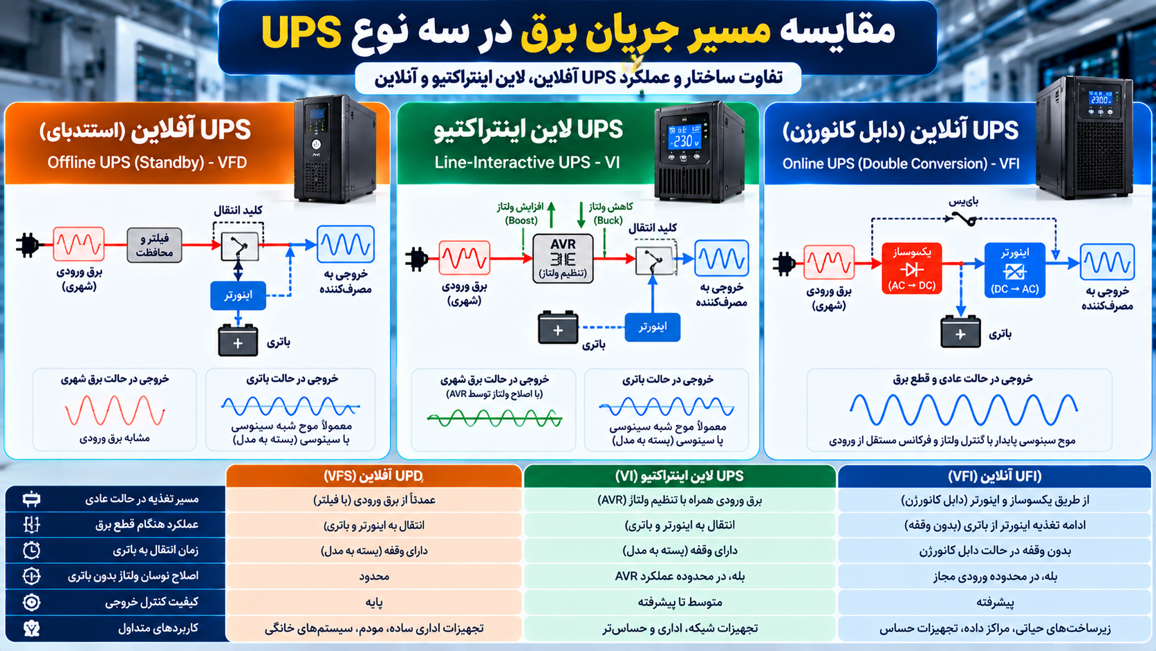 مقایسه مسیر جریان برق در UPS آنلاین، آفلاین و لاین اینتراکتیو، شامل عملکرد باتری هنگام قطع برق، مدار AVR، زمان انتقال و تفاوت فناوریهای VFI، VI و VFD