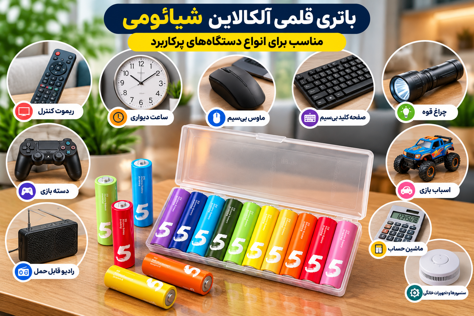 کاربرد باتری قلمی آلکالاین شیائومی بسته ۱۰ عددی در دستگاههای سازگار شامل ریموت کنترل، ساعت دیواری، ماوس بیسیم، چراغقوه، اسباببازی و رادیو