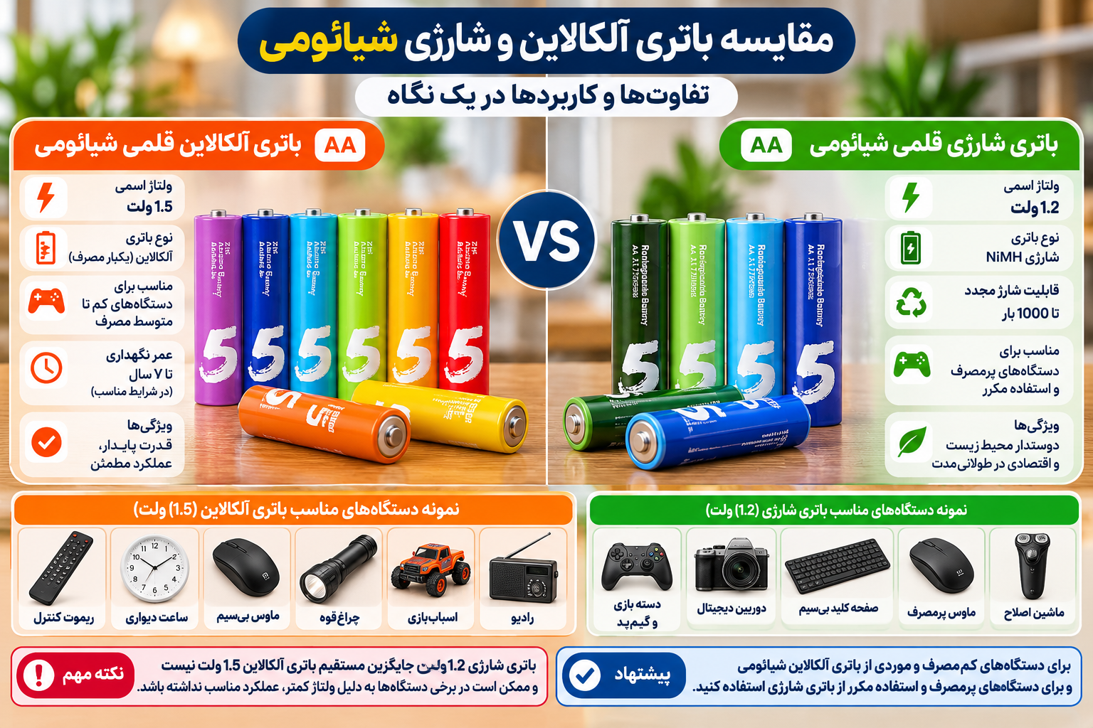 مقایسه باتری قلمی آلکالاین شیائومی ۱.۵ ولت با باتری شارژی NiMH قلمی ۱.۲ ولت از نظر قابلیت شارژ مجدد، کاربرد و سازگاری با دستگاههای الکترونیکی